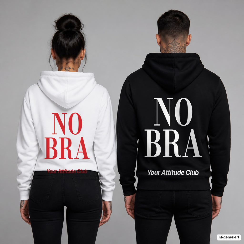 No Bra – Hoodie mit Backprint, Frau in Weiß mit rotem und Mann in Schwarz mit weißem Aufdruck
