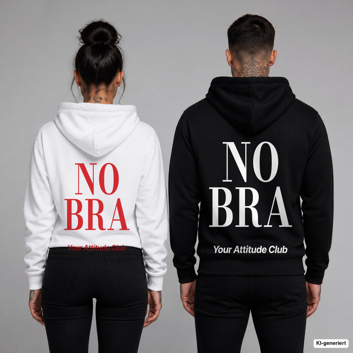 No Bra – Hoodie mit Backprint, Frau in Weiß mit rotem und Mann in Schwarz mit weißem Aufdruck