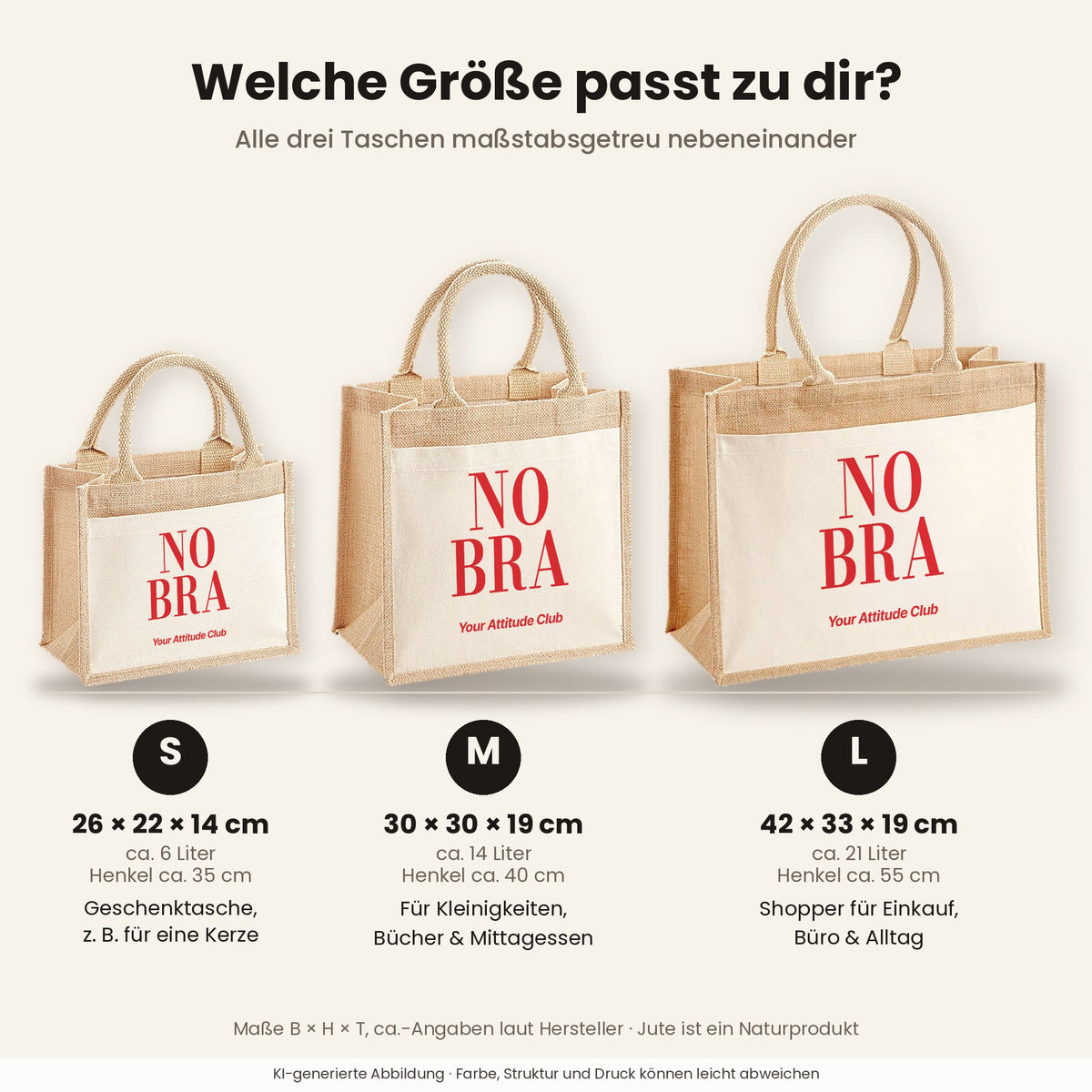 No Bra – Jutetasche mit Spruch, Größenvergleich klein, mittel, groß
