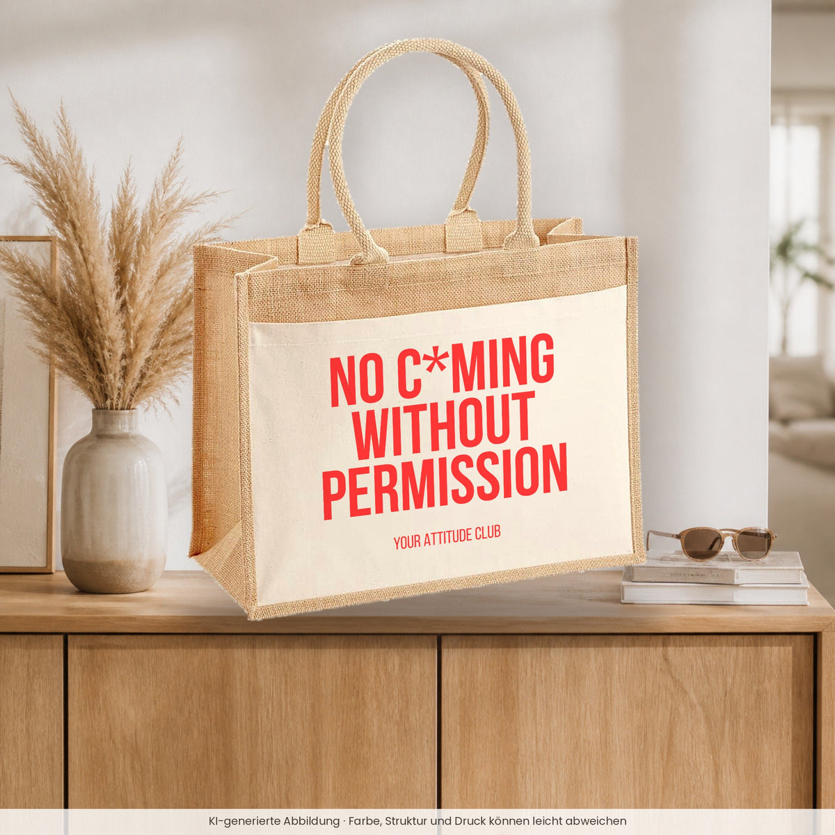 No c*ming without permission – Jutetasche mit Spruch, auf dem Sideboard im Flur