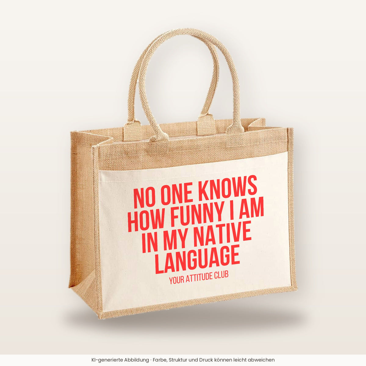No one knows how funny I am in my native language – Jutetasche mit Spruch, große Jutetasche, Produktansicht
