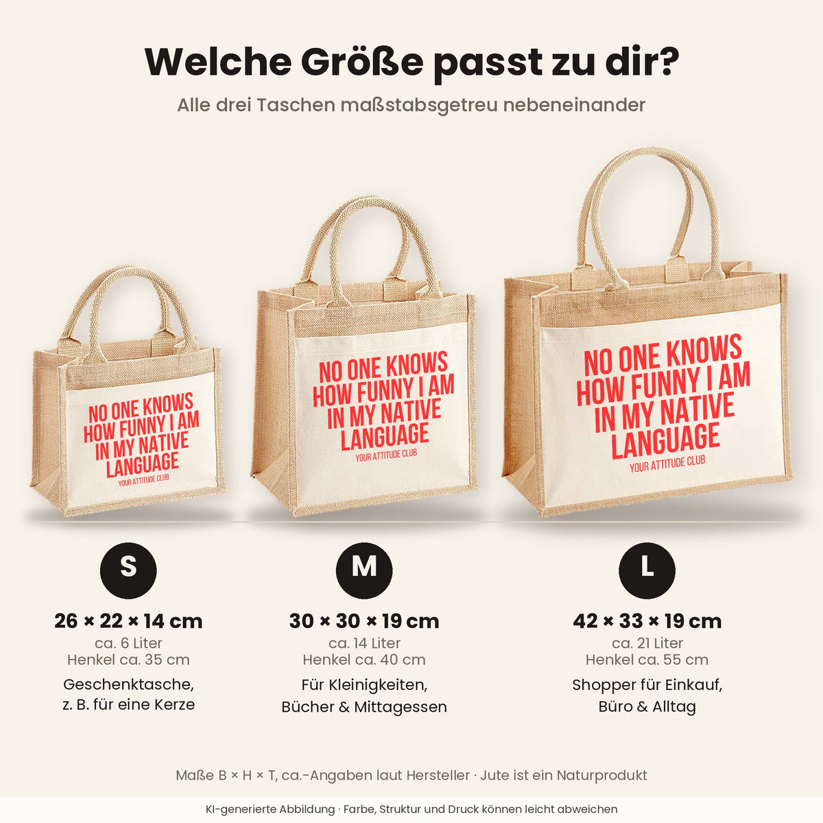 No one knows how funny I am in my native language – Jutetasche mit Spruch, Größenvergleich klein, mittel, groß