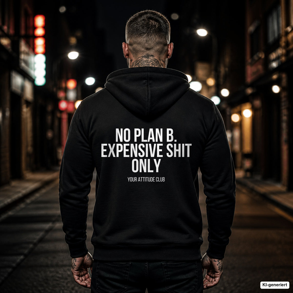 No plan b. expensive shit only – schwarzer Hoodie mit weißem Backprint, Herren in der Stadt bei Nacht