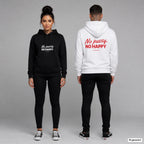 No pussy. No happy – Hoodie unisex mit Frontprint (Frau, Schwarz) und Backprint (Mann, Weiß)