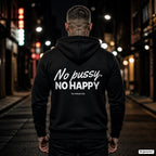 No pussy. No happy – schwarzer Hoodie mit weißem Backprint, Herren in der Stadt bei Nacht