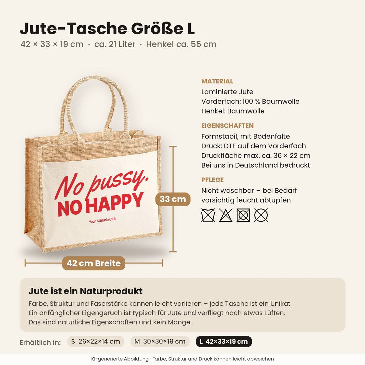 No pussy. No happy – Jutetasche mit Spruch, Maße, Material und Pflege