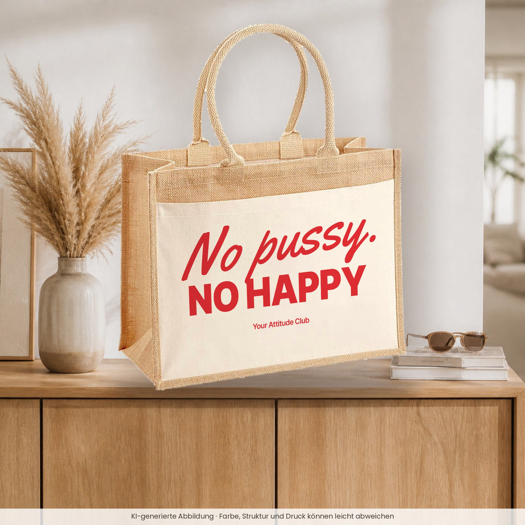 No pussy. No happy – Jutetasche mit Spruch, auf dem Sideboard im Flur
