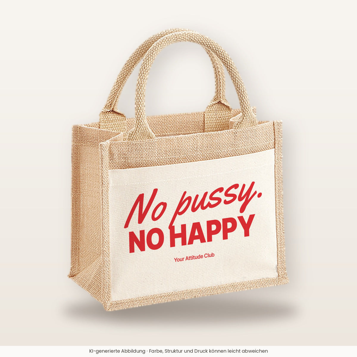 No pussy. No happy – Jutetasche mit Spruch, kleine Jutetasche 26 × 22 cm