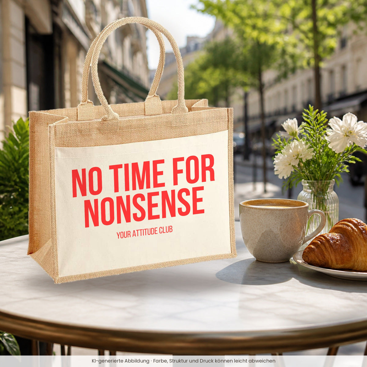 No time for nonsense – Jutetasche mit Spruch, im Café