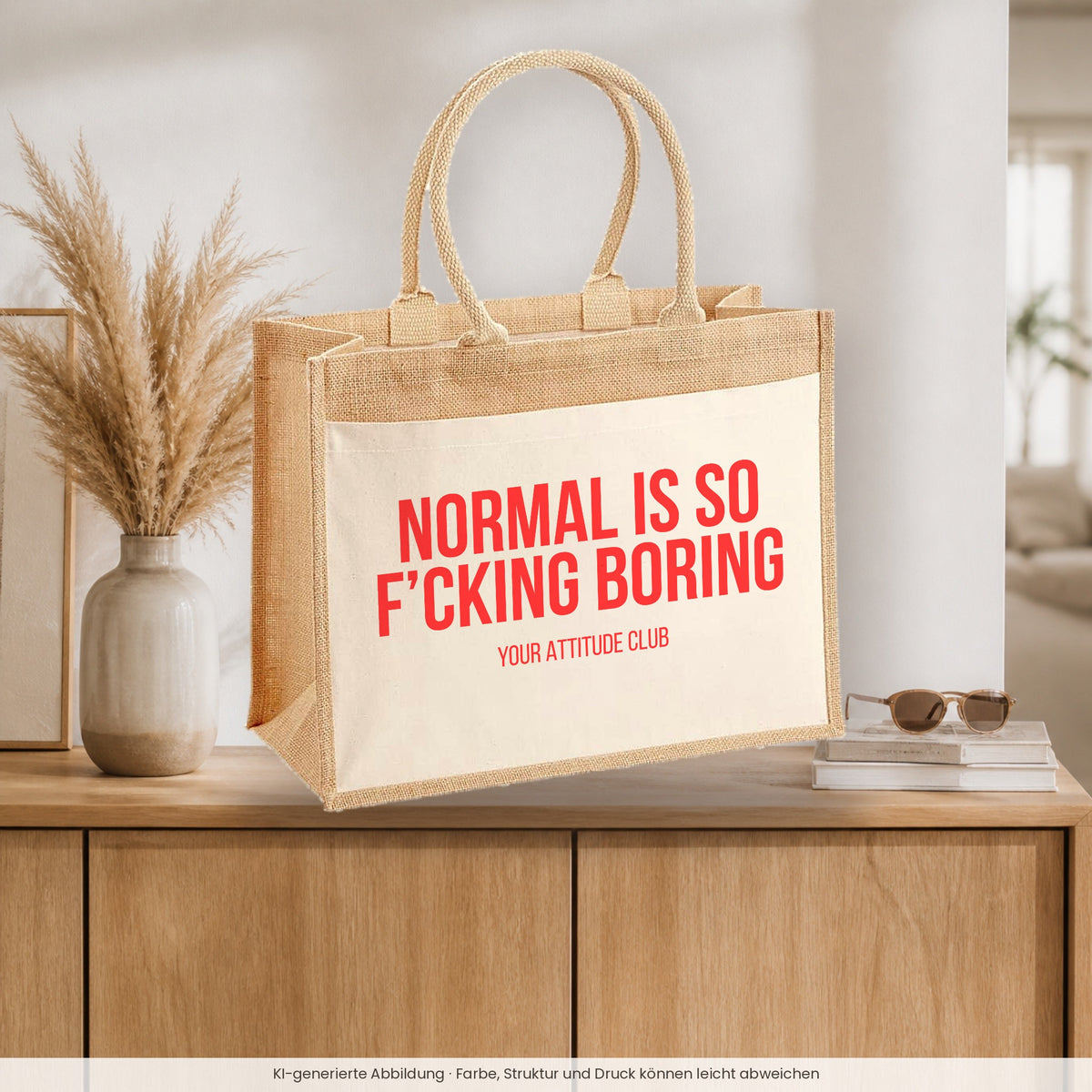 Normal is so f’cking boring – Jutetasche mit Spruch, auf dem Sideboard im Flur