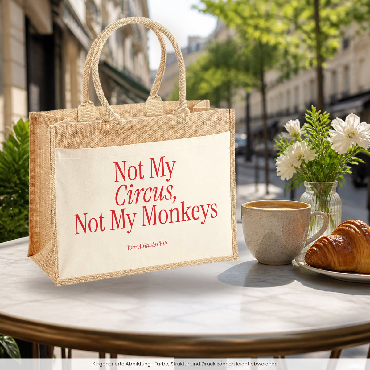 Not My Circus, Not My Monkeys – Jutetasche mit Spruch, im Café