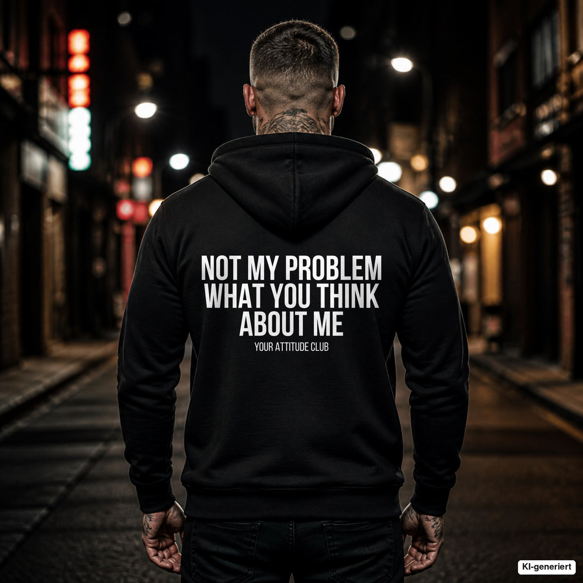 Not my problem what you think about me – schwarzer Hoodie mit weißem Backprint, Herren in der Stadt bei Nacht
