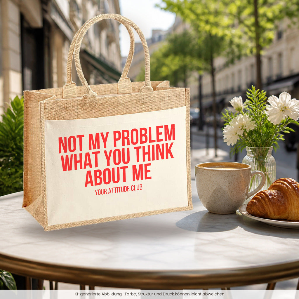 Not my problem what you think about me – Jutetasche mit Spruch, im Café