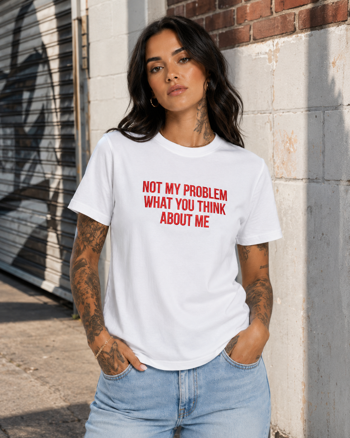 NOT MY PROBLEM WHAT YOU THINK ABOUT ME – besticktes Damen Shirt, Statement T-Shirt, selbstbewusstes Geschenk für Freundin, Bio-Baumwolle, Weiß oder Schwarz