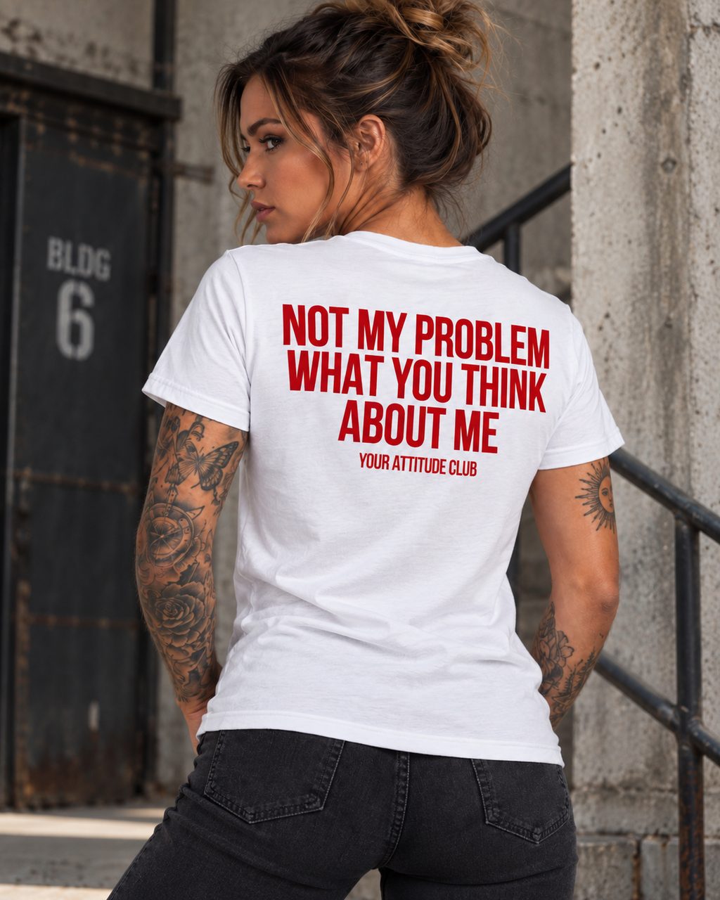 NOT MY PROBLEM WHAT YOU THINK ABOUT ME – Unisex Statement T-Shirt Weiß mit rotem Backprint | freches Sprüche Shirt