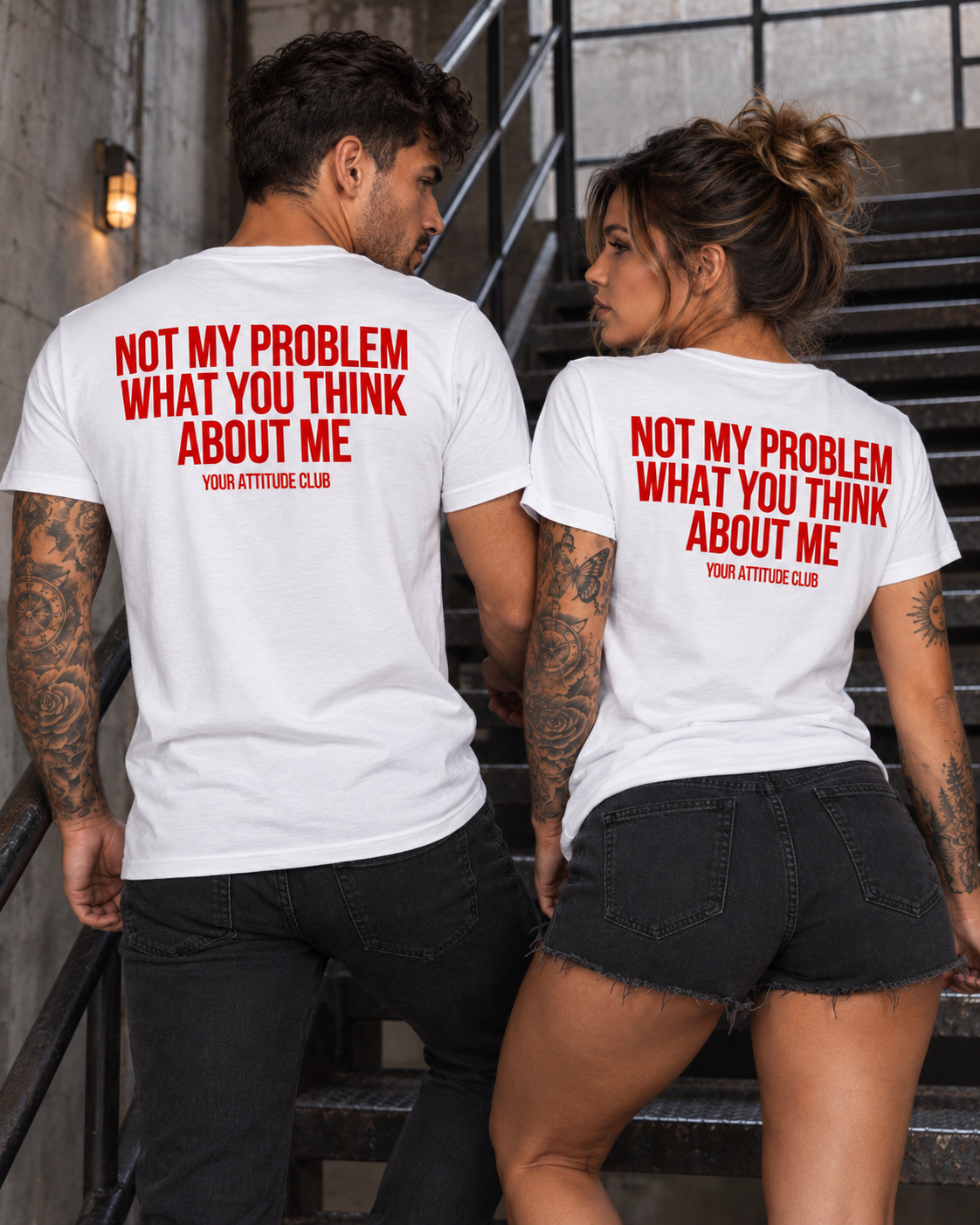 NOT MY PROBLEM WHAT YOU THINK ABOUT ME – Unisex Statement T-Shirt Weiß mit rotem Backprint | freches Sprüche Shirt