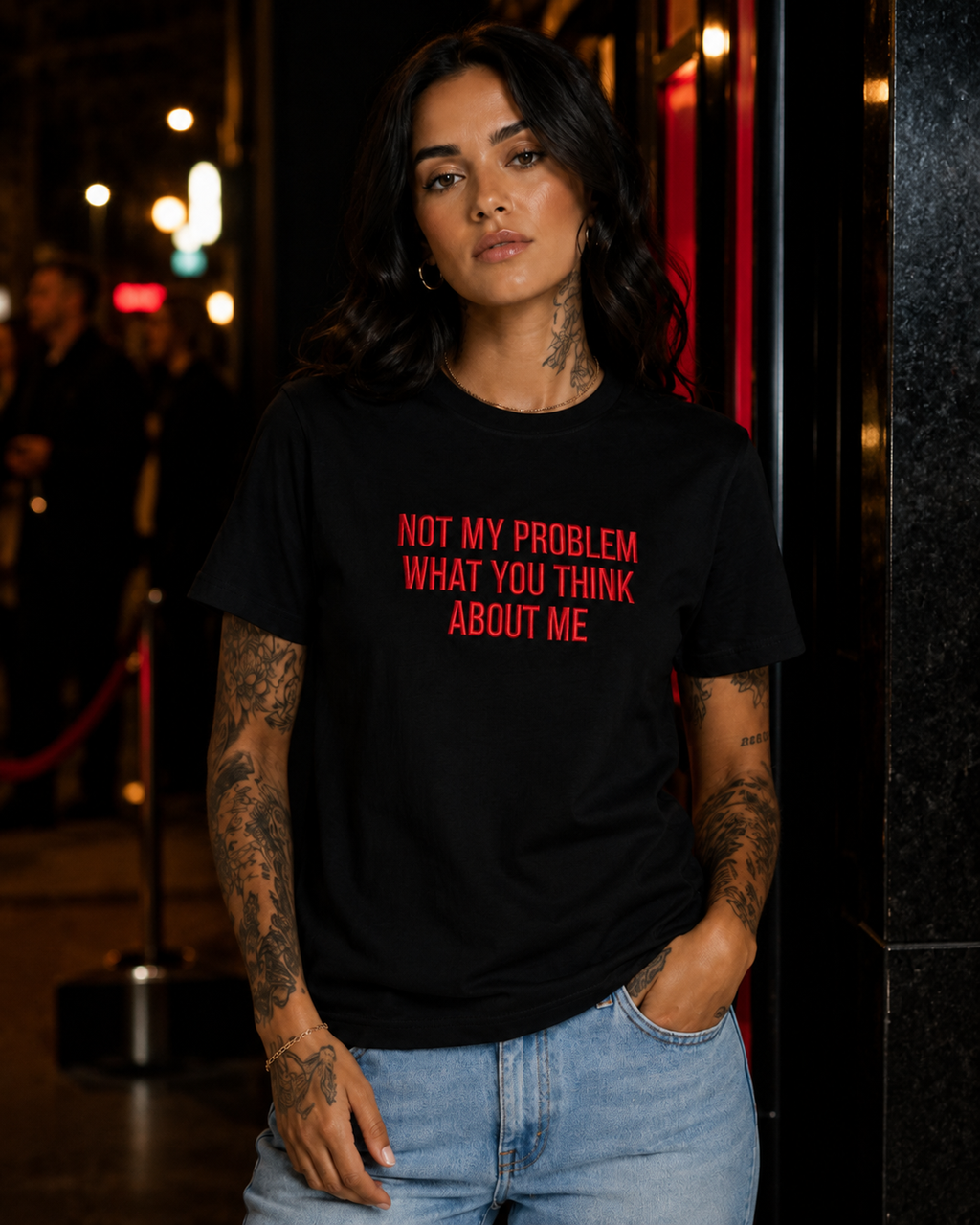 NOT MY PROBLEM WHAT YOU THINK ABOUT ME – besticktes Damen Shirt, Statement T-Shirt, selbstbewusstes Geschenk für Freundin, Bio-Baumwolle, Weiß oder Schwarz