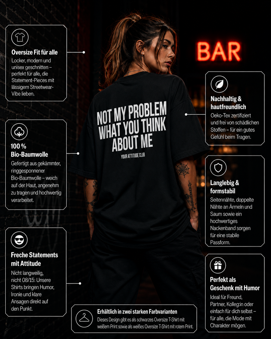 NOT MY PROBLEM WHAT YOU THINK ABOUT ME | Oversize Shirt Unisex mit Backprint, Statement Shirt aus Bio-Baumwolle