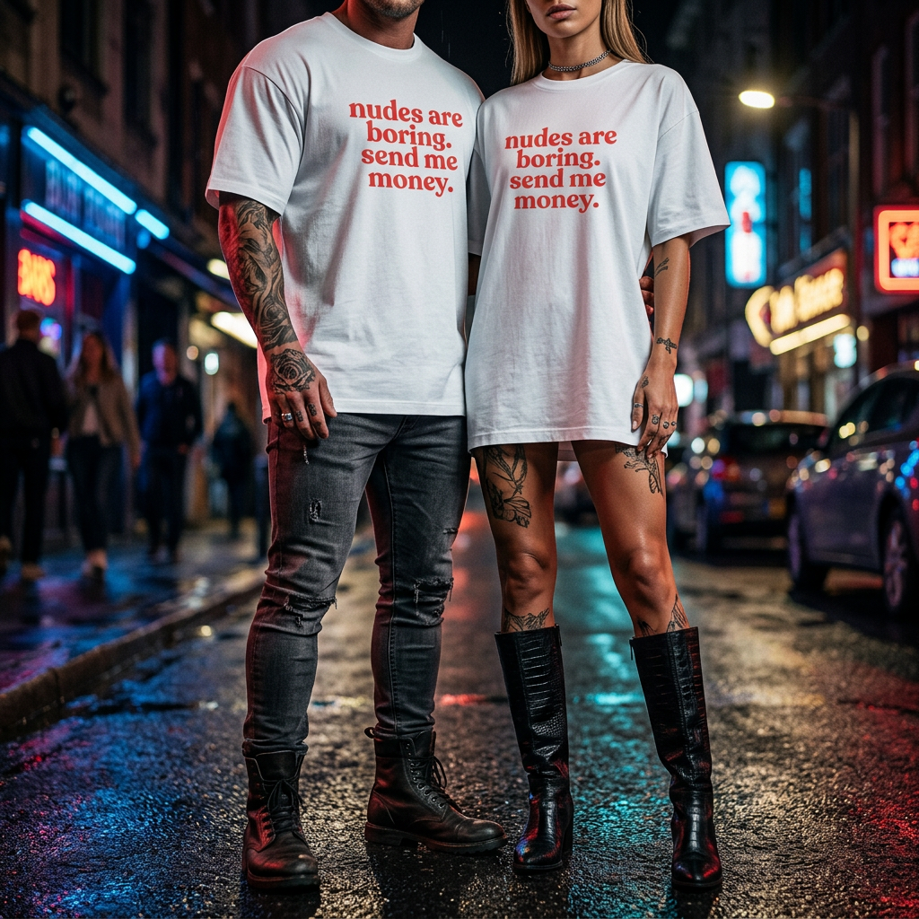 Nudes are boring. send me money. Shirt mit Frontprint – Oversize Unisex T-Shirt aus 100% Baumwolle, Statement Streetwear