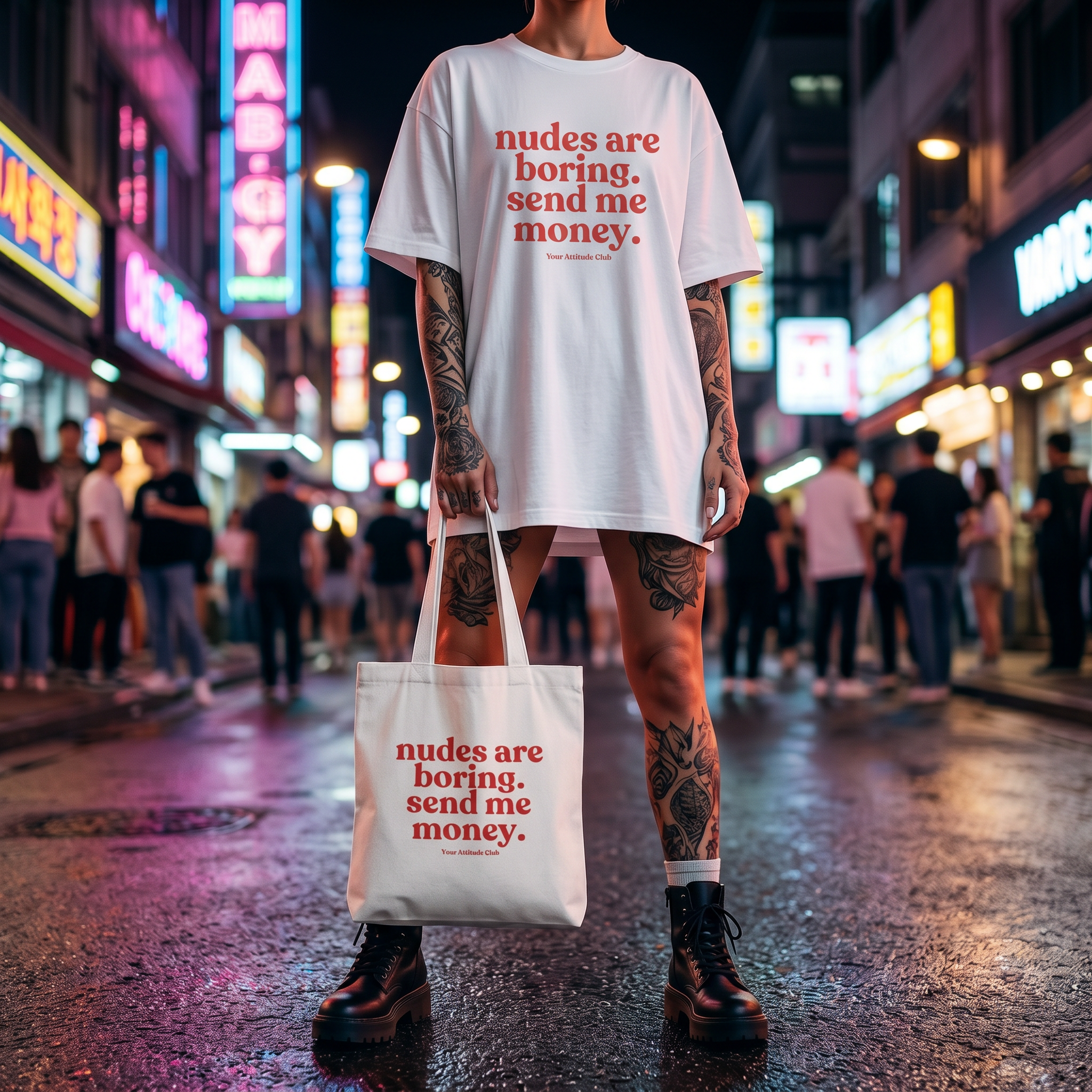 Nudes are boring. send me money. Shirt mit Frontprint – Oversize Unisex T-Shirt aus 100% Baumwolle, Statement Streetwear