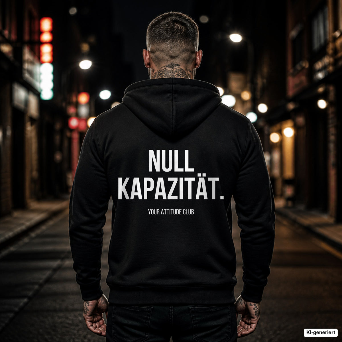 NULL KAPAZITÄT. – schwarzer Hoodie mit weißem Backprint, Herren in der Stadt bei Nacht