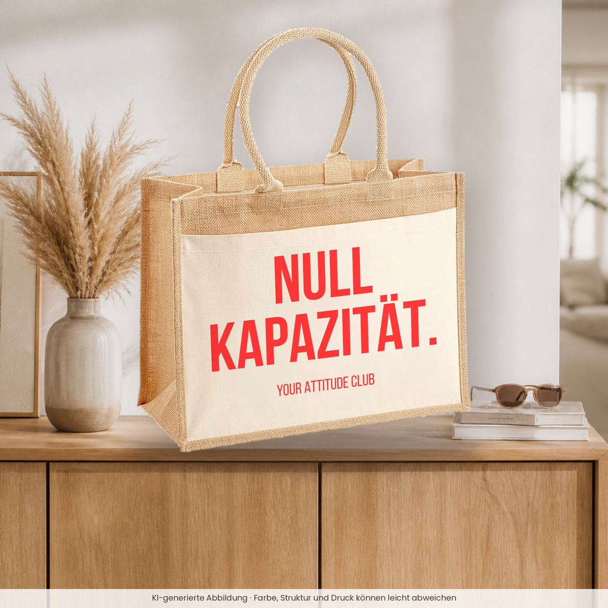 Null Kapazität. – Jutetasche mit Spruch, auf dem Sideboard im Flur