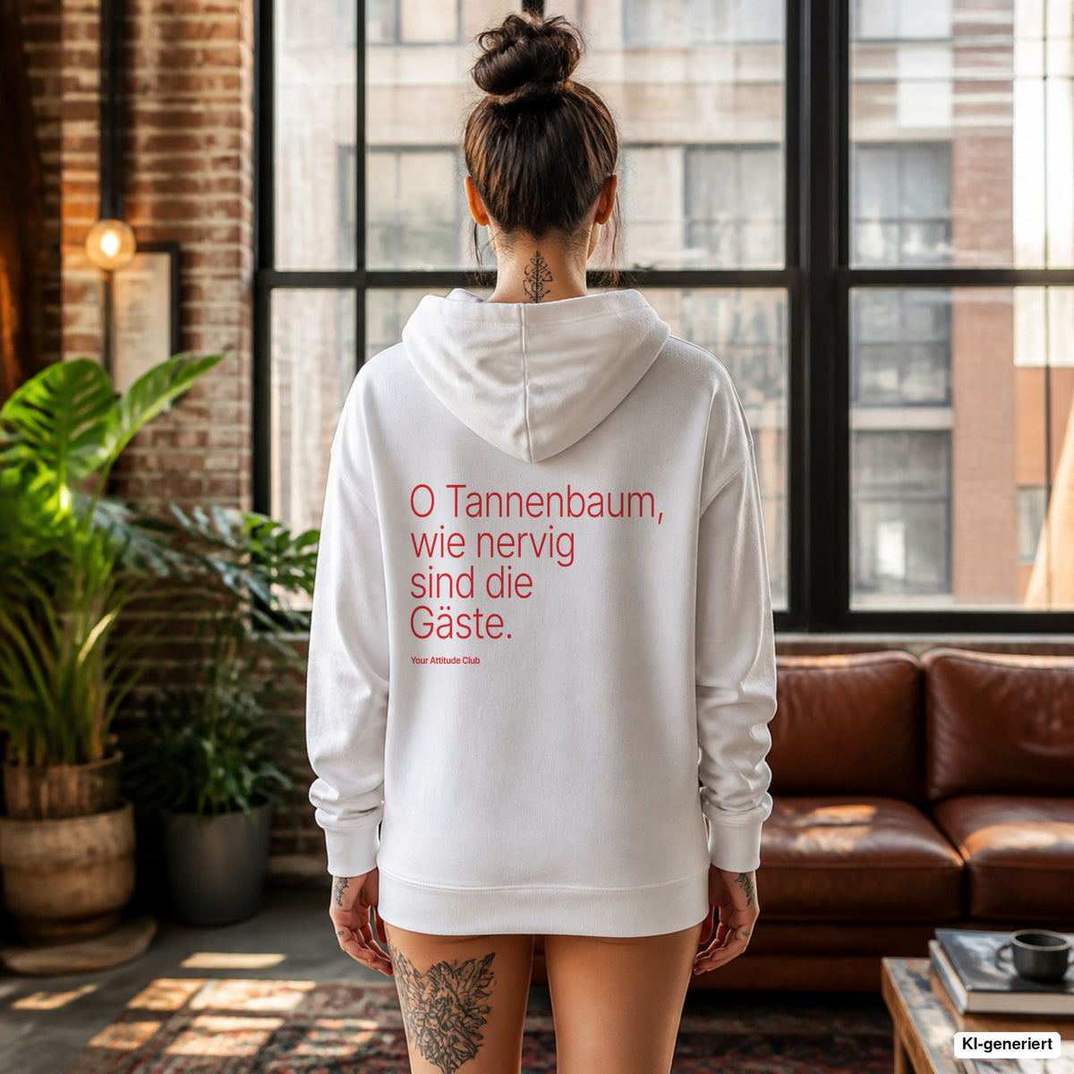 O Tannenbaum, wie nervig sind die Gäste – weißer Hoodie mit rotem Backprint, Damen im Loft