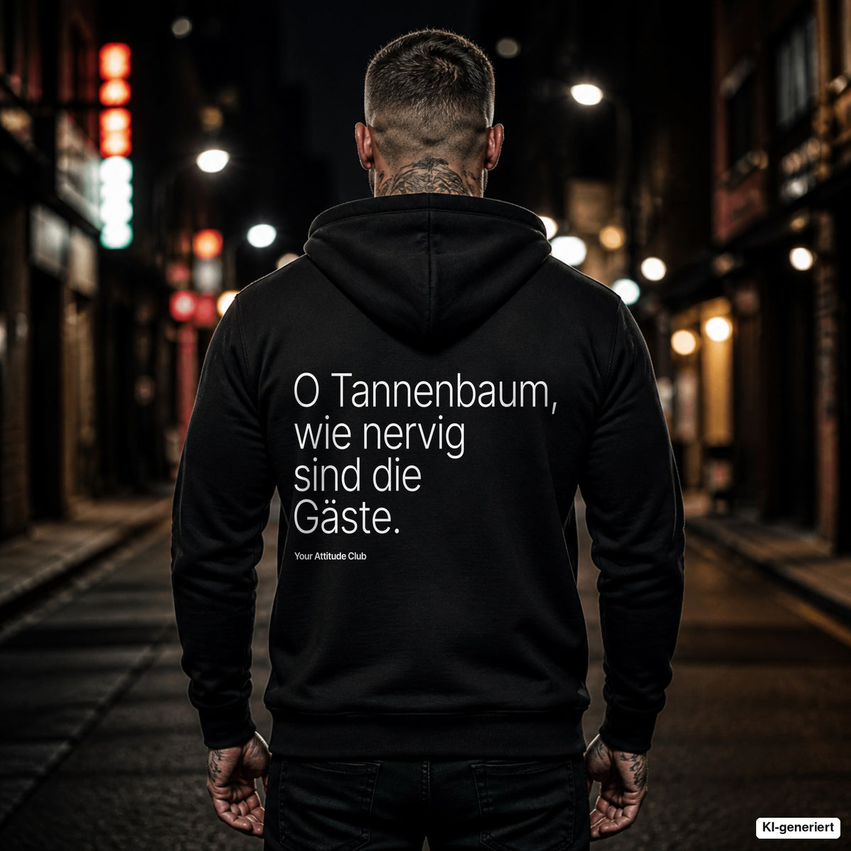 O Tannenbaum, wie nervig sind die Gäste – schwarzer Hoodie mit weißem Backprint, Herren in der Stadt bei Nacht
