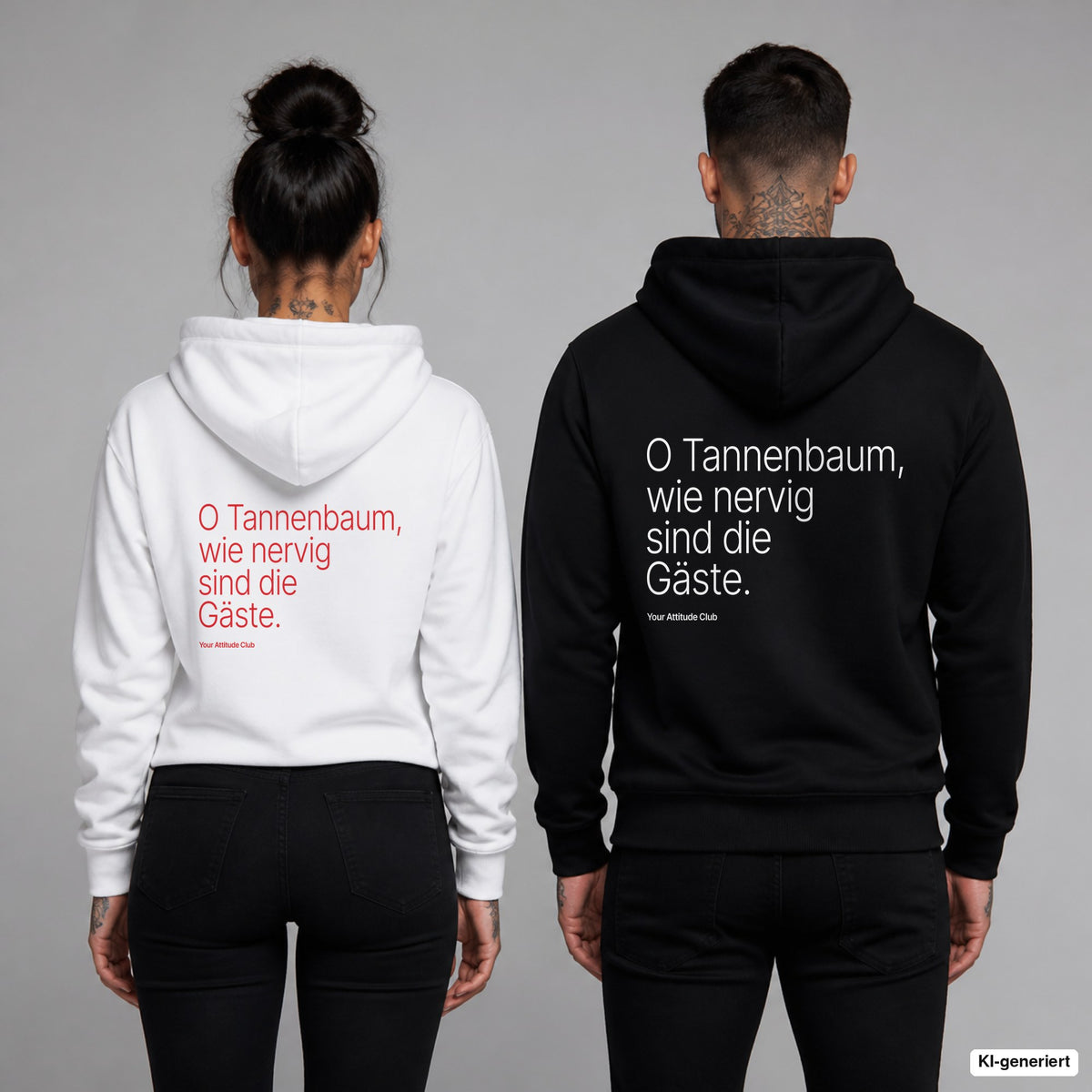 O Tannenbaum, wie nervig sind die Gäste – Hoodie mit Backprint, Frau in Weiß mit rotem und Mann in Schwarz mit weißem Aufdruck