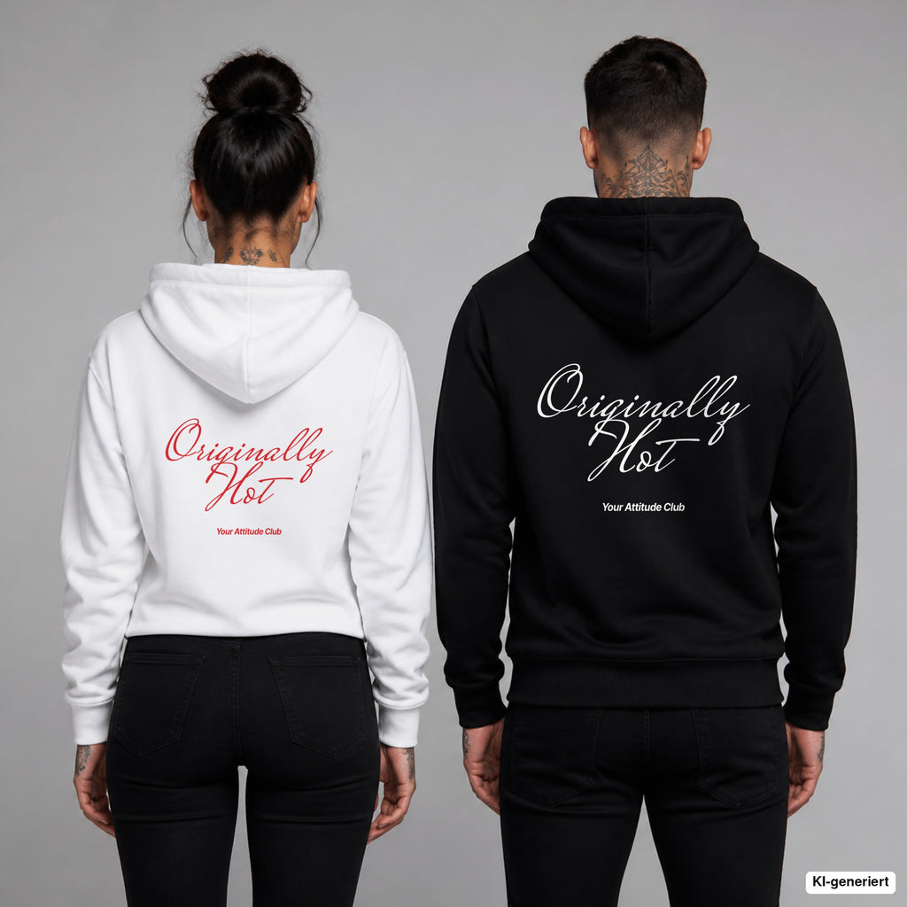 Originally Hot – Hoodie mit Backprint, Frau in Weiß mit rotem und Mann in Schwarz mit weißem Aufdruck