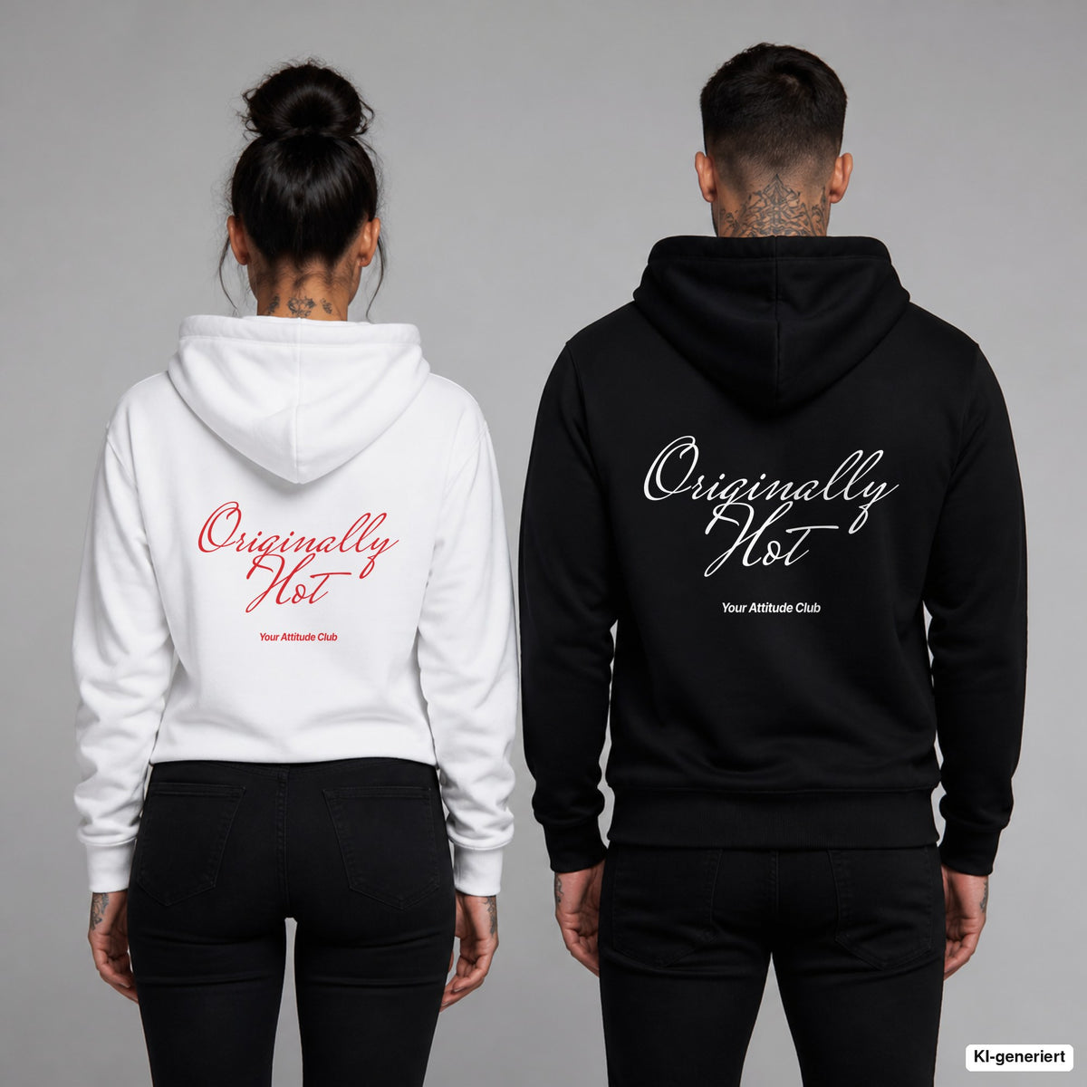 Originally Hot – Hoodie mit Backprint, Frau in Weiß mit rotem und Mann in Schwarz mit weißem Aufdruck
