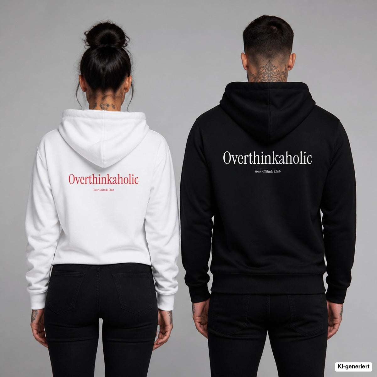 Overthinkaholic – Hoodie mit Backprint, Frau in Weiß mit rotem und Mann in Schwarz mit weißem Aufdruck