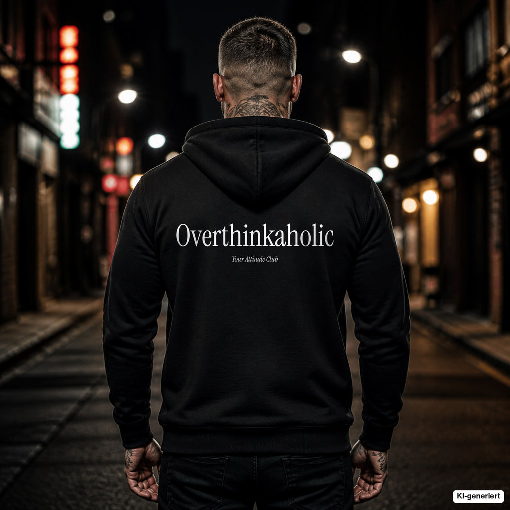 Overthinkaholic – schwarzer Hoodie mit weißem Backprint, Herren in der Stadt bei Nacht