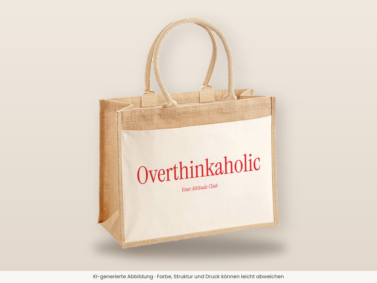 Overthinkaholic – Jutetasche mit Spruch, große Jutetasche, Detailansicht