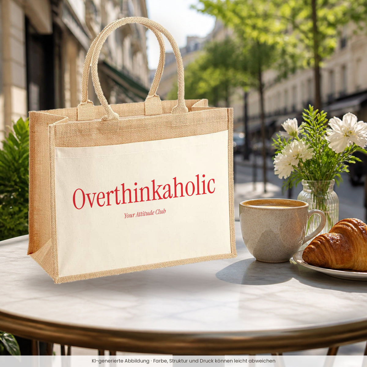 Overthinkaholic – Jutetasche mit Spruch, im Café