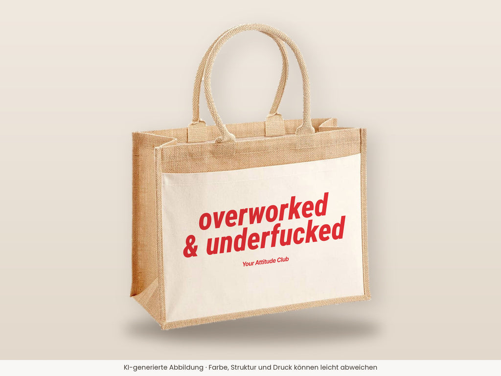 Overworked & Underfucked – Jutetasche mit Spruch, große Jutetasche, Detailansicht