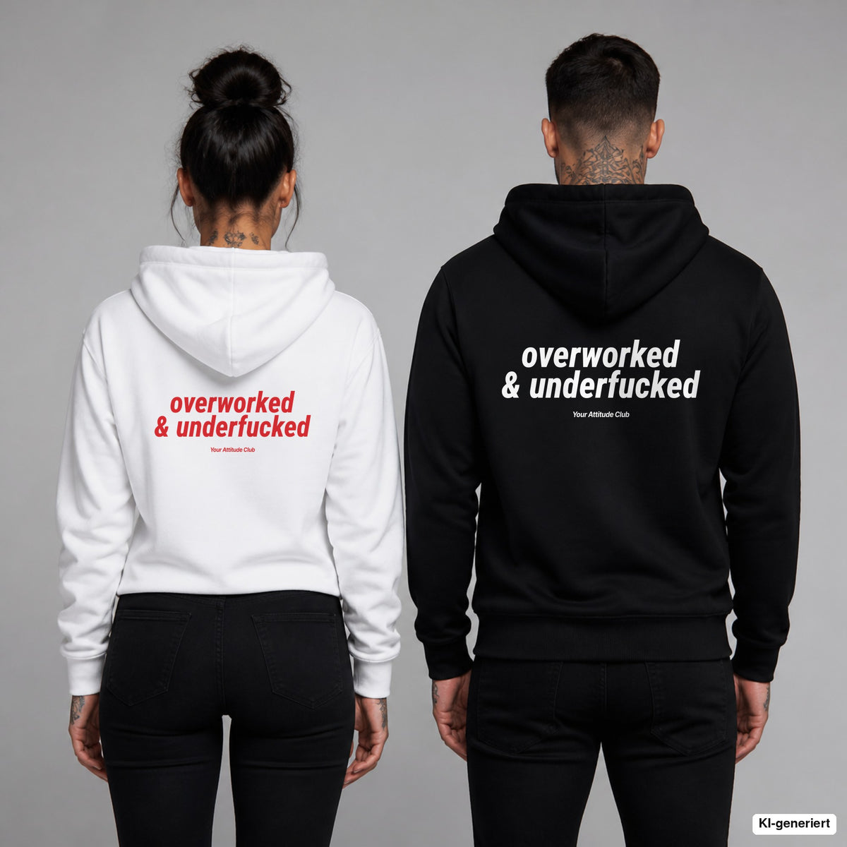 Overworked & Underfucked – Hoodie mit Backprint, Frau in Weiß mit rotem und Mann in Schwarz mit weißem Aufdruck