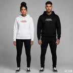 Overworked & Underfucked – Hoodie mit Frontprint, Frau in Weiß mit rotem und Mann in Schwarz mit weißem Aufdruck