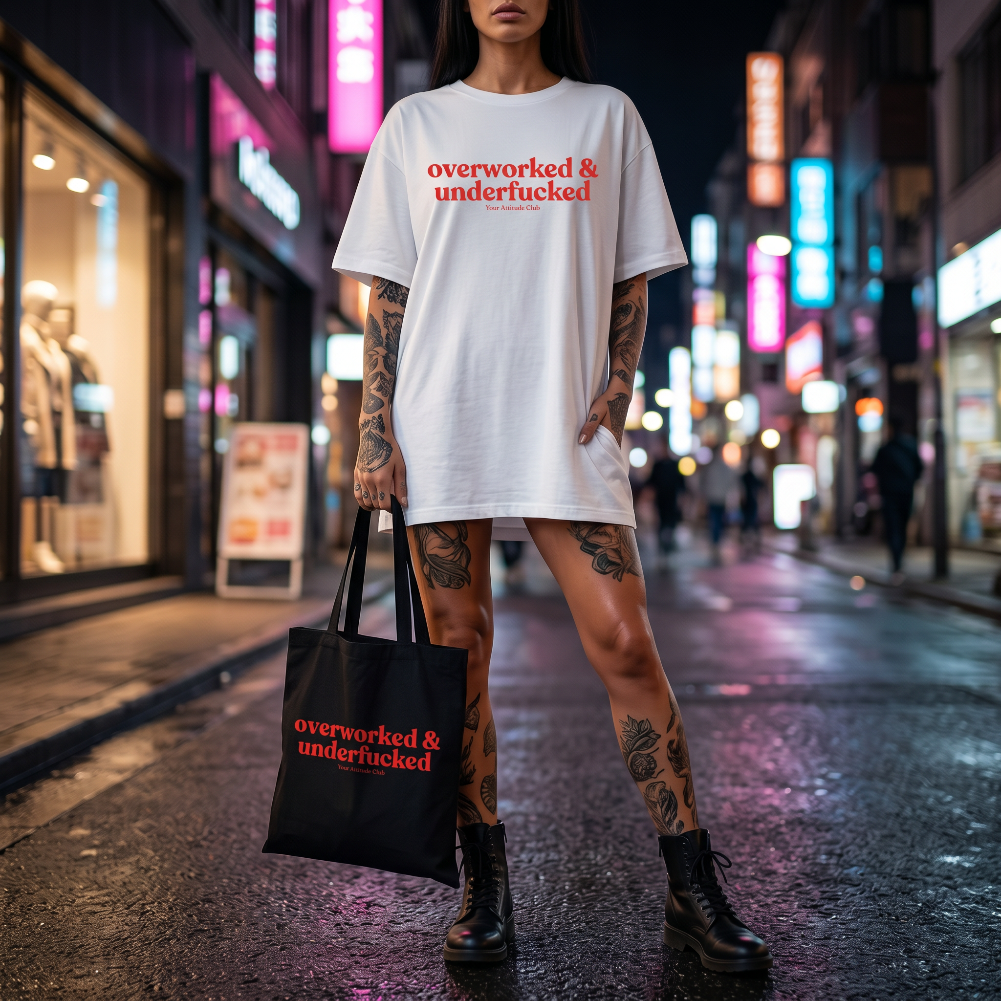 Overworked & underf*cked Beutel – Statement Tragetasche Baumwolle, frecher Shopper, Stoffbeutel groß, Trend Tote Bag Damen Herren