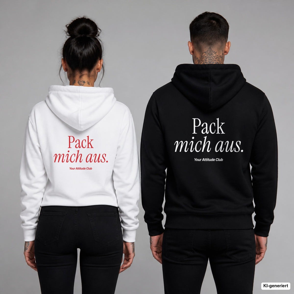Pack mich aus – Hoodie mit Backprint, Frau in Weiß mit rotem und Mann in Schwarz mit weißem Aufdruck