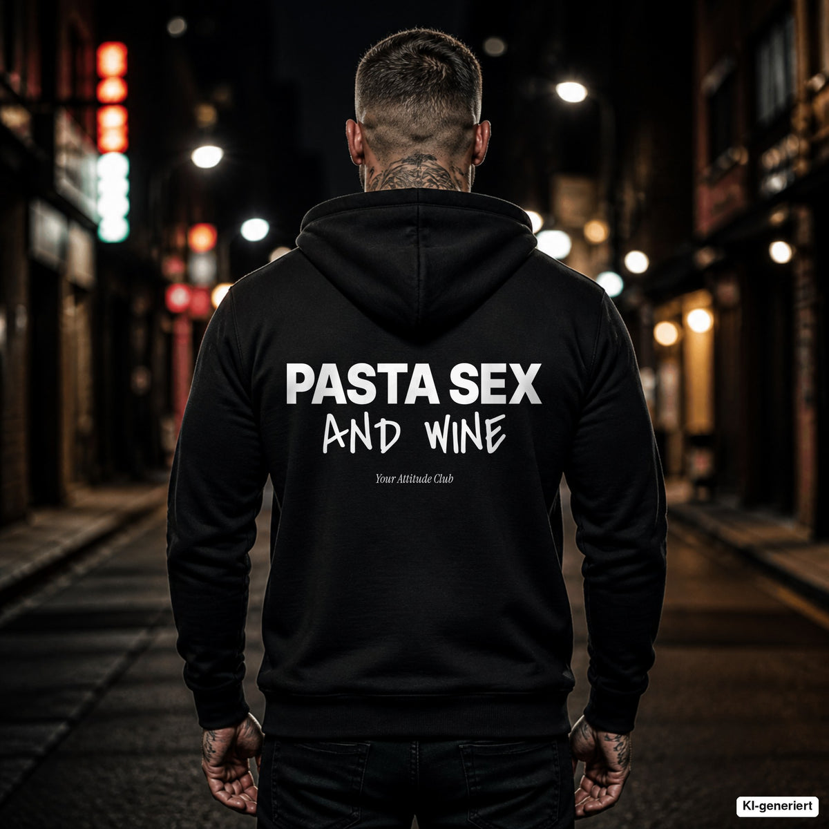 Pasta Sex and Wine – schwarzer Hoodie mit weißem Backprint, Herren in der Stadt bei Nacht