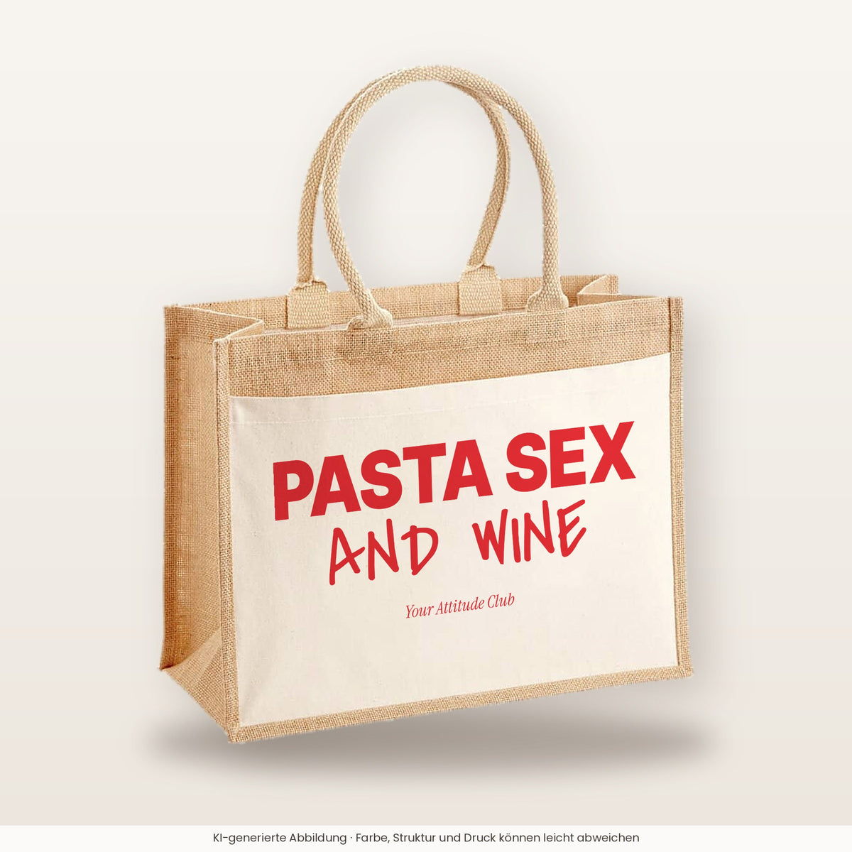 Pasta Sex and Wine – Jutetasche mit Spruch, große Jutetasche, Produktansicht