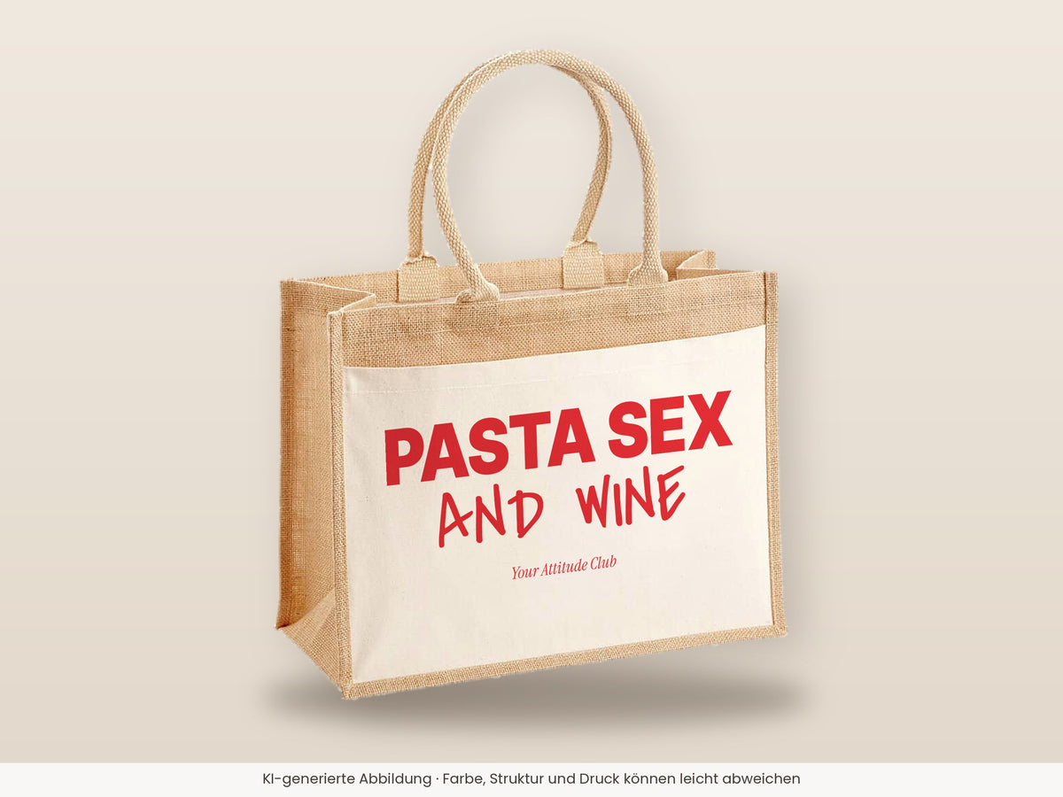 Pasta Sex and Wine – Jutetasche mit Spruch, große Jutetasche, Detailansicht