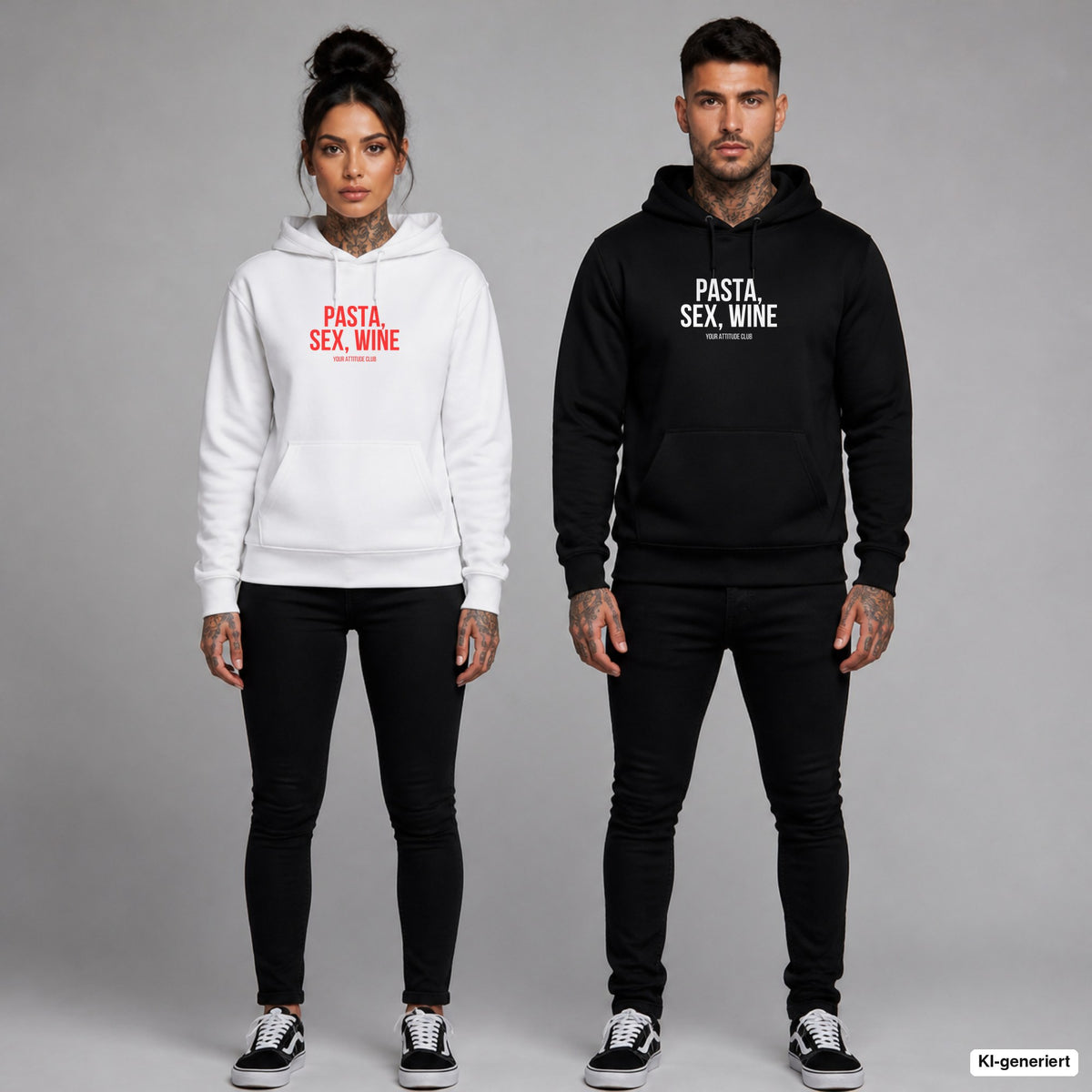 PASTA, SEX, WINE – Hoodie mit Frontprint, Frau in Weiß mit rotem und Mann in Schwarz mit weißem Aufdruck