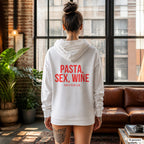 PASTA, SEX, WINE – weißer Hoodie mit rotem Backprint, Damen im Loft
