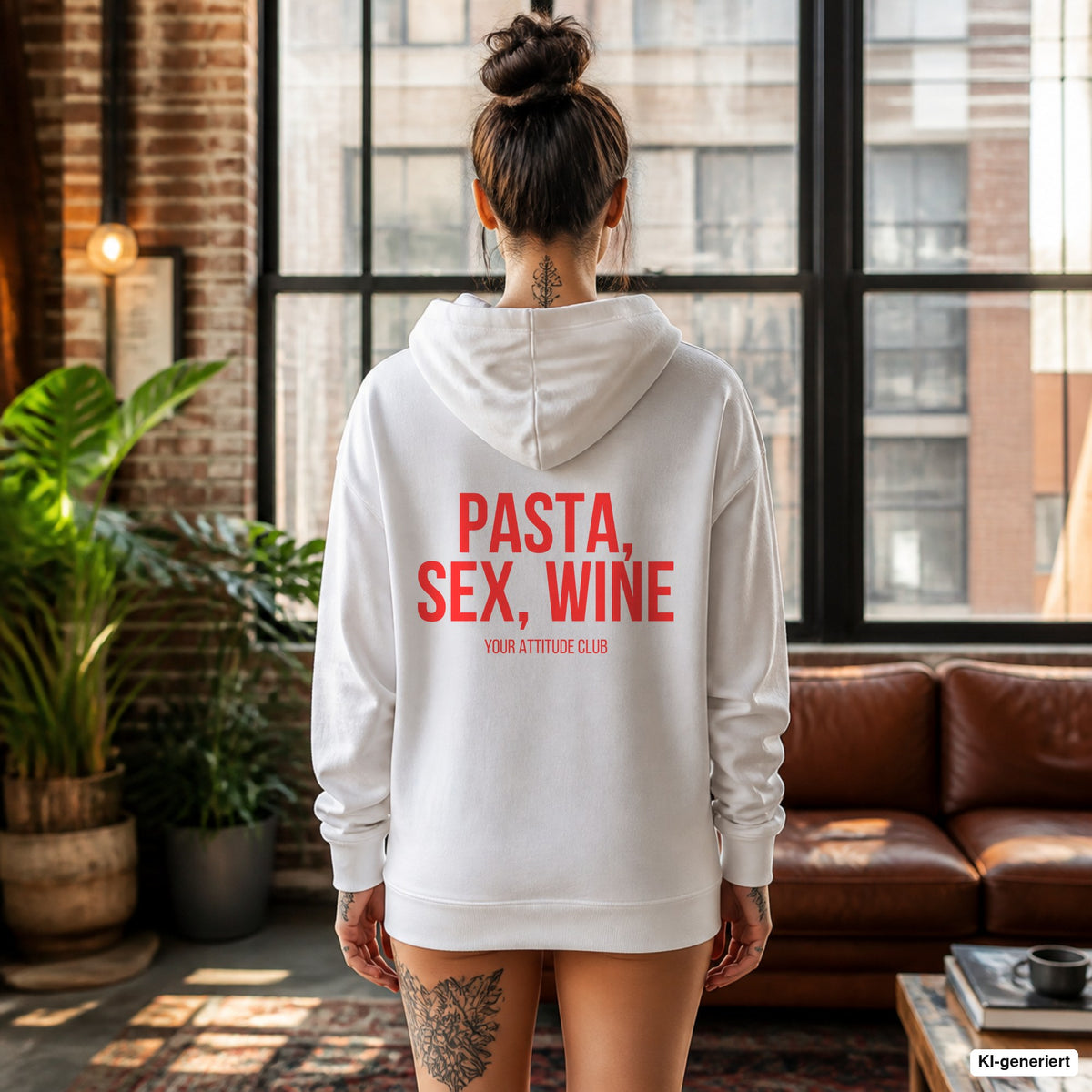 PASTA, SEX, WINE – weißer Hoodie mit rotem Backprint, Damen im Loft