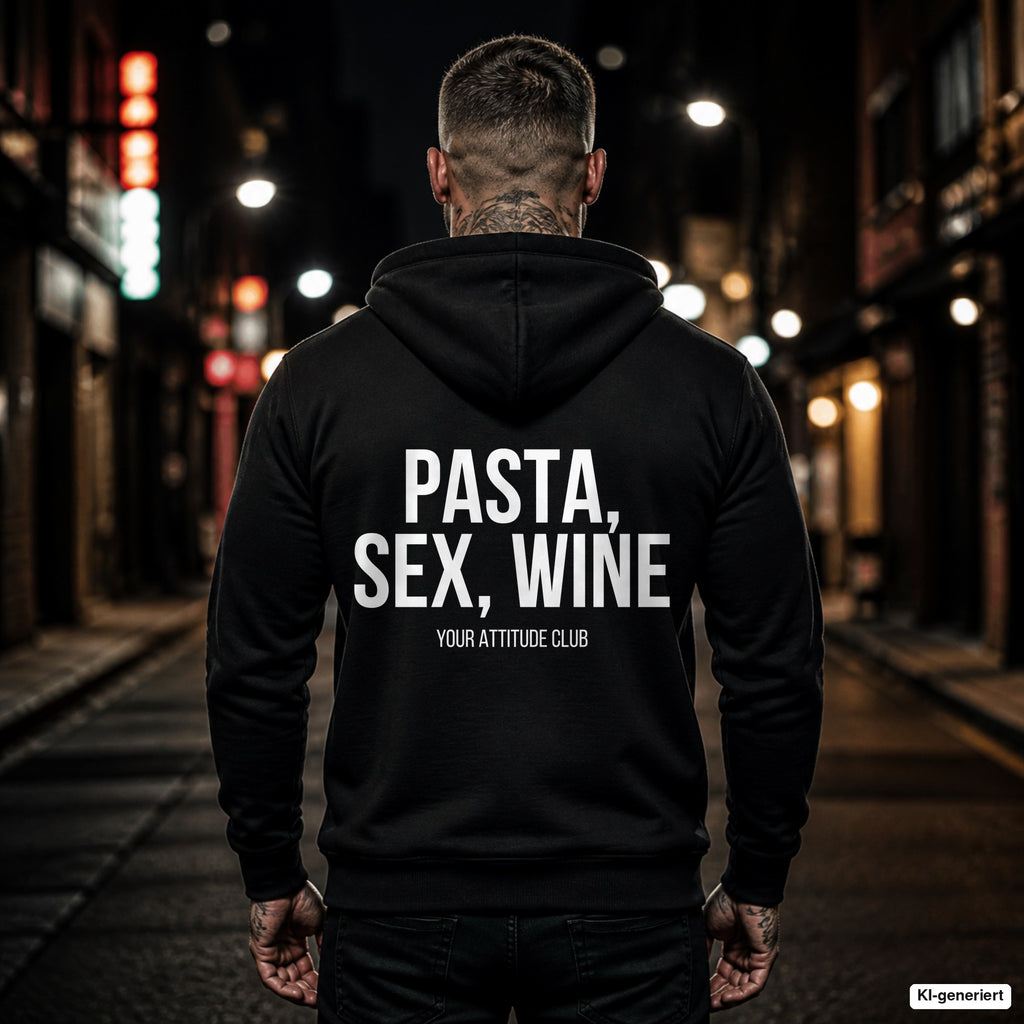 PASTA, SEX, WINE – schwarzer Hoodie mit weißem Backprint, Herren in der Stadt bei Nacht