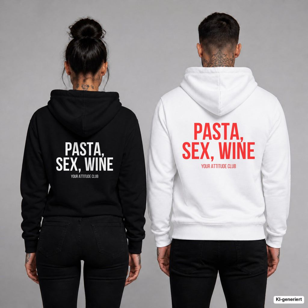 PASTA, SEX, WINE – Hoodie mit Backprint, Frau in Schwarz und Mann in Weiß