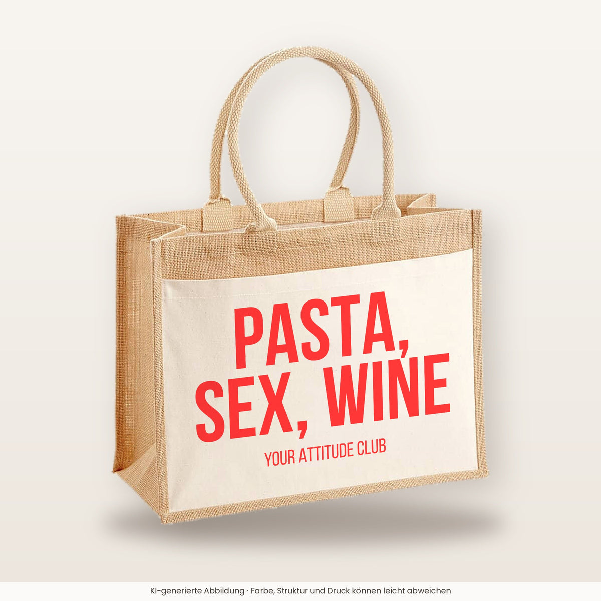 Pasta, sex, wine – Jutetasche mit Spruch, große Jutetasche, Produktansicht
