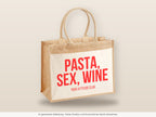 Pasta, sex, wine – Jutetasche mit Spruch, große Jutetasche, Detailansicht